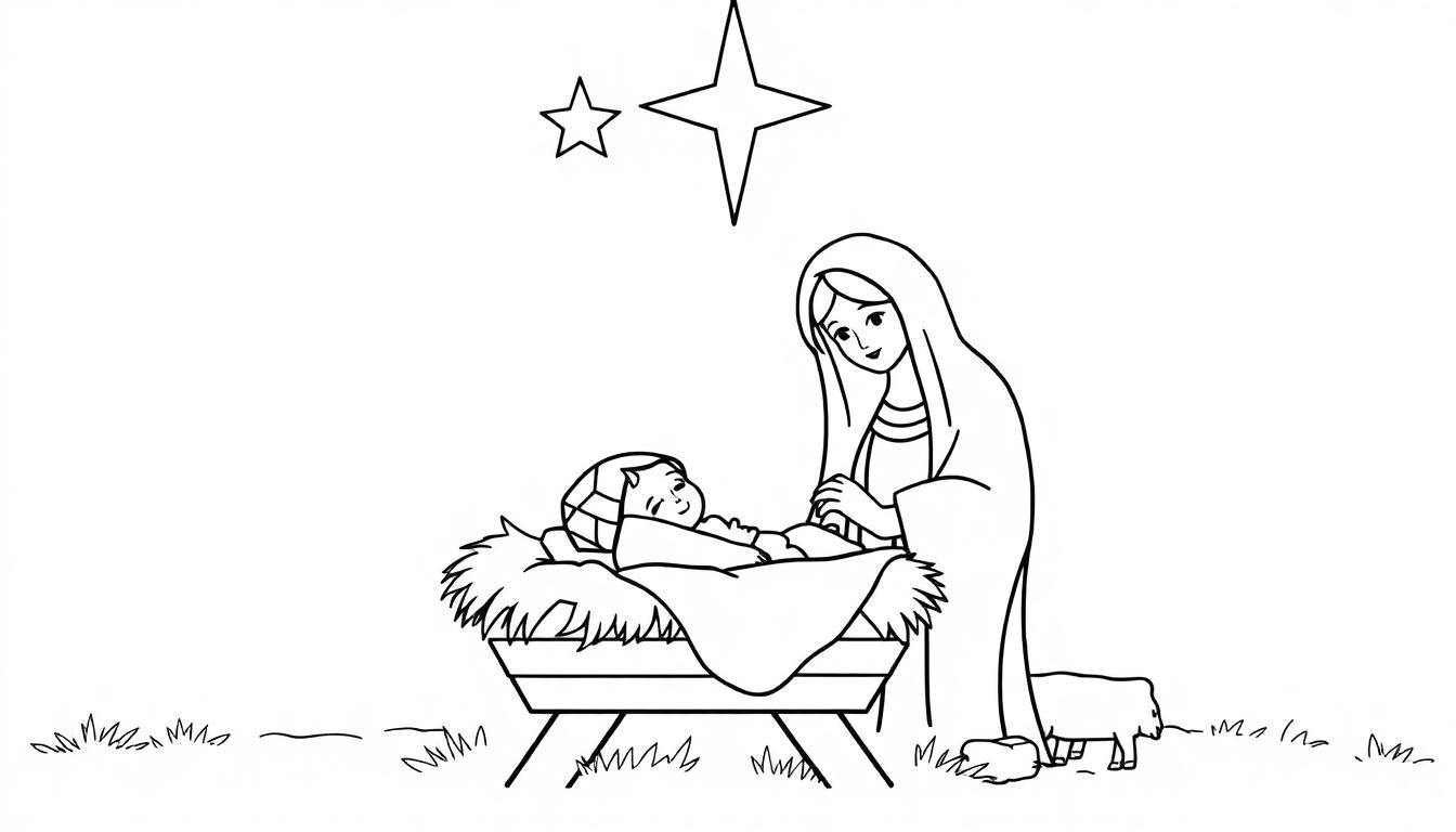 Schwarz-weiße Farbtafel einer Krippenszene mit Maria, Josef und dem Jesuskind, umgeben von Sternen und einem Schaf.