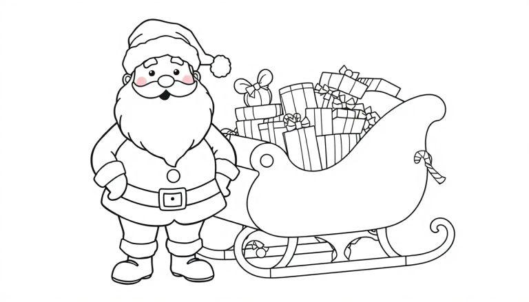 Schwarz-weiße Farbtafel von Weihnachtsmann neben einem Schlitten voller Geschenke.
