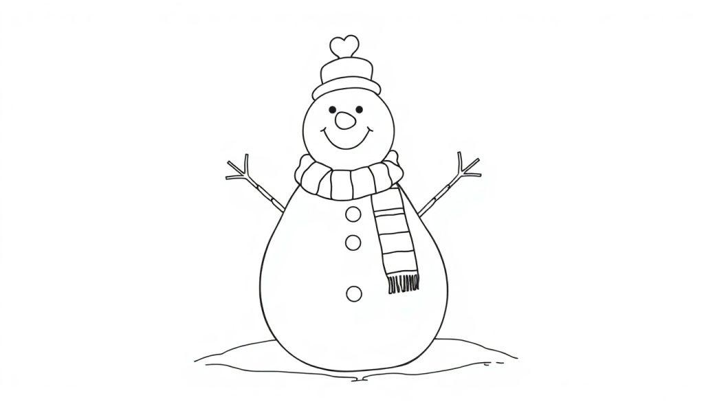 Schwarz-weiße Farbtafel-Zeichnung eines freundlichen Schneemanns mit Hut und Schal, bereit zum Ausmalen.