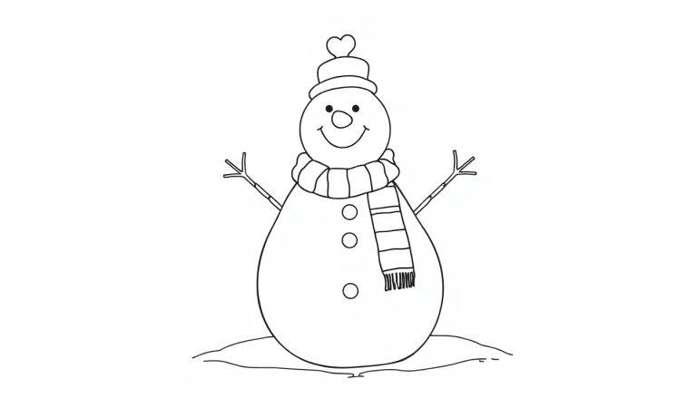 Schwarz-weiße Farbtafel-Zeichnung eines freundlichen Schneemanns mit Hut und Schal, bereit zum Ausmalen.
