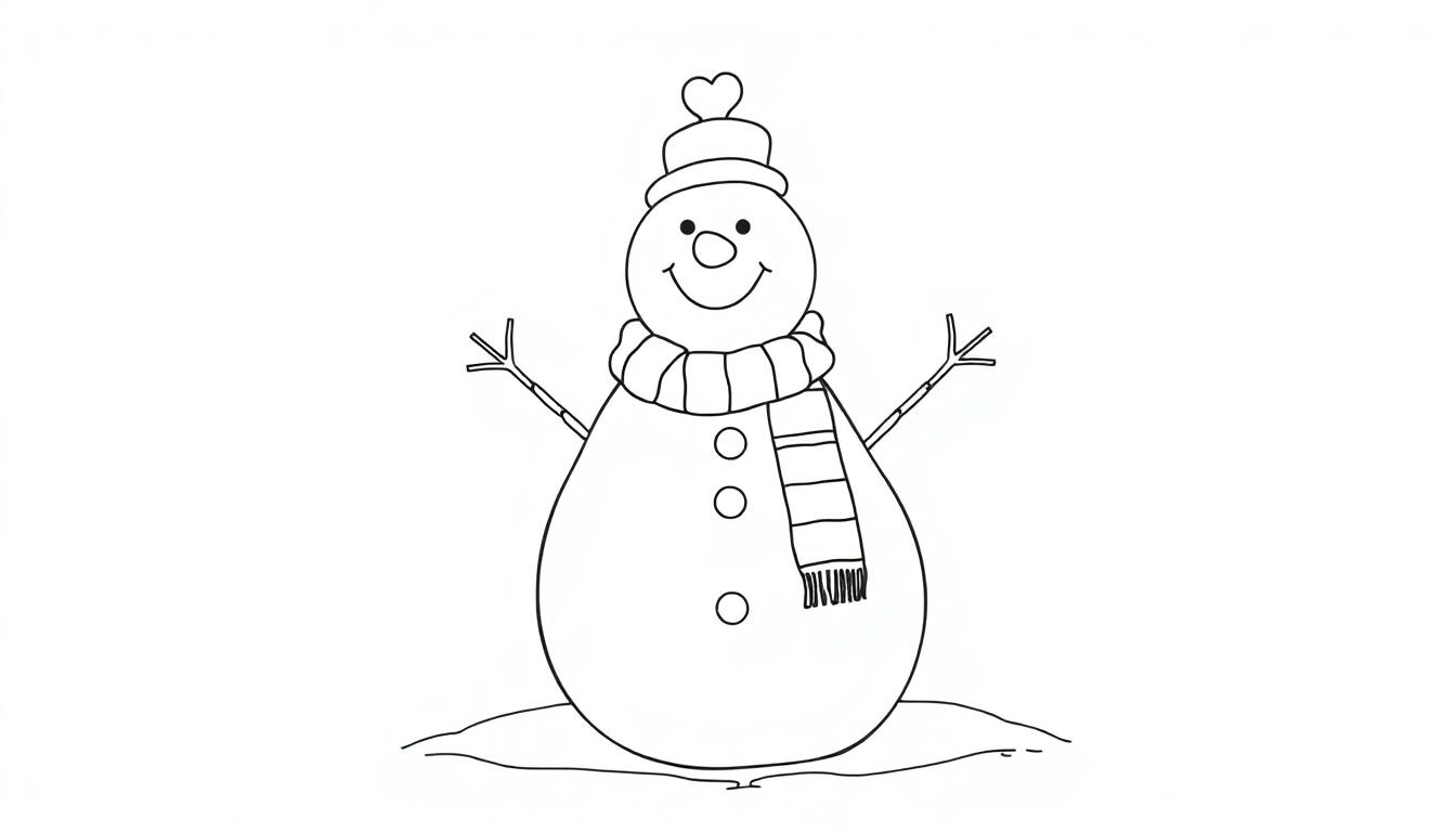 Schwarz-weiße Farbtafel-Zeichnung eines freundlichen Schneemanns mit Hut und Schal, bereit zum Ausmalen.