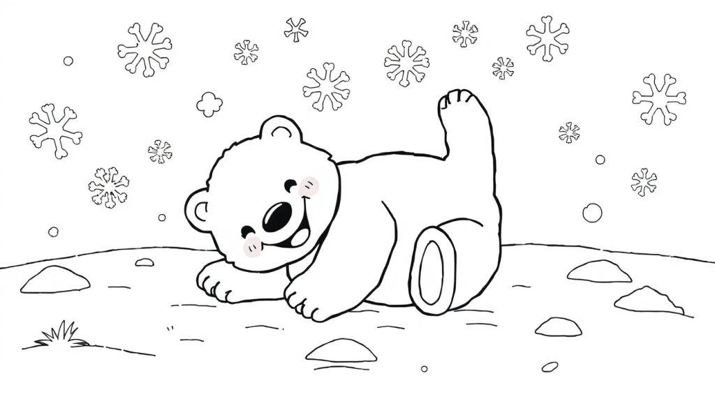 Eine niedliche Schwarz-Weiß-Farbtafel eines spielenden Eisbären mit geschlossenen Augen und einem lächelnden Gesicht, der im Schnee liegt.