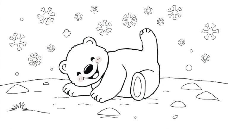 Eine niedliche Schwarz-Weiß-Farbtafel eines spielenden Eisbären mit geschlossenen Augen und einem lächelnden Gesicht, der im Schnee liegt.