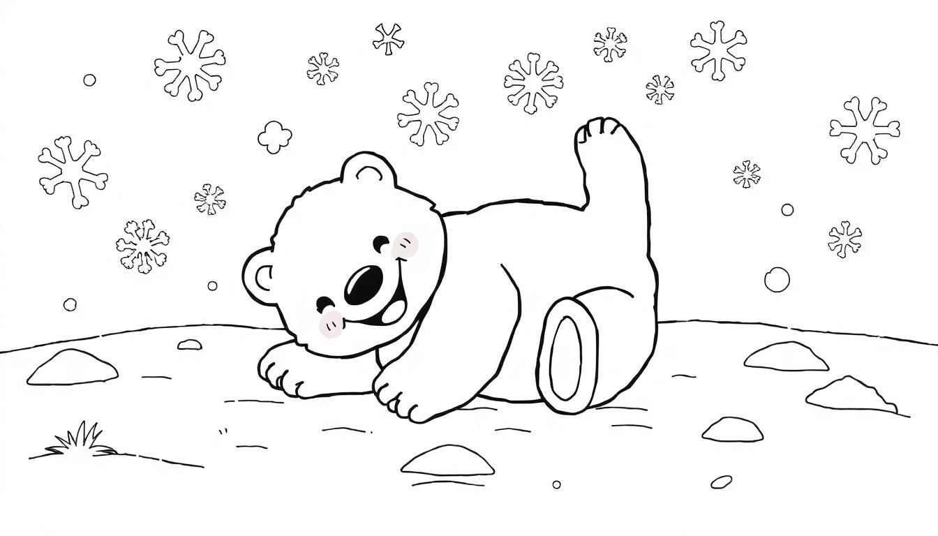 Eine niedliche Schwarz-Weiß-Farbtafel eines spielenden Eisbären mit geschlossenen Augen und einem lächelnden Gesicht, der im Schnee liegt.