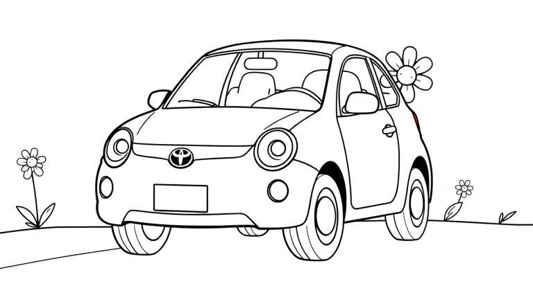 Eine Farbtafel: Schwarz-weiße Cartoon-Zeichnung eines niedlichen, kleinen Toyotas mit Blumen