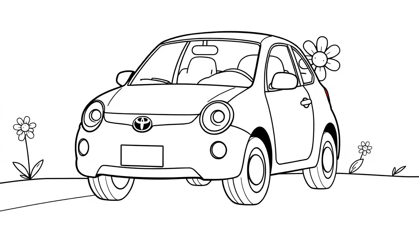 Eine Farbtafel: Schwarz-weiße Cartoon-Zeichnung eines niedlichen, kleinen Toyotas mit Blumen