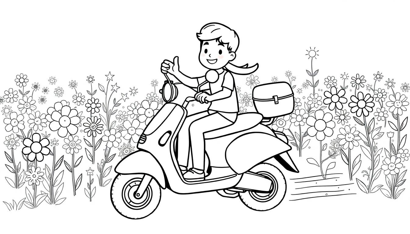 Ein junger Mensch auf einem Roller mit Daumen hoch fährt durch eine Blumenwiese.