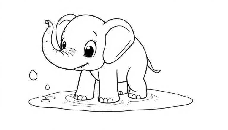 Schwarz-weiße Farbtafel-Illustration eines Cartoon-Elefanten, der fröhlich in einer Wasserpfütze planscht, mit großen Augen und einem aufwärts gekrümmten Rüssel.
