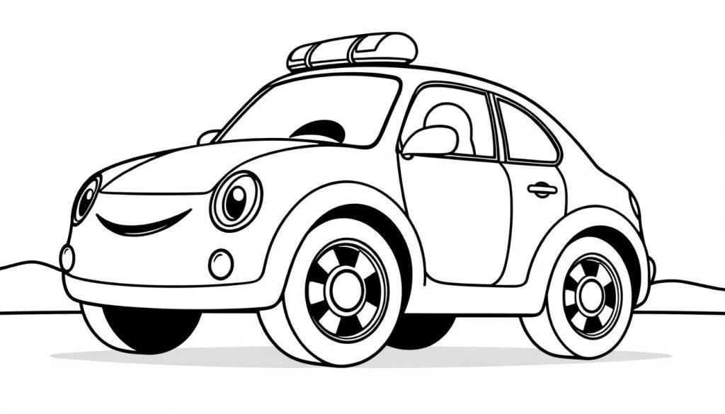 Eine Schwarz-Weiß-Farbtafel eines freundlichen Cartoon-Polizeiautos mit großer Lichtleiste und großen Rädern.