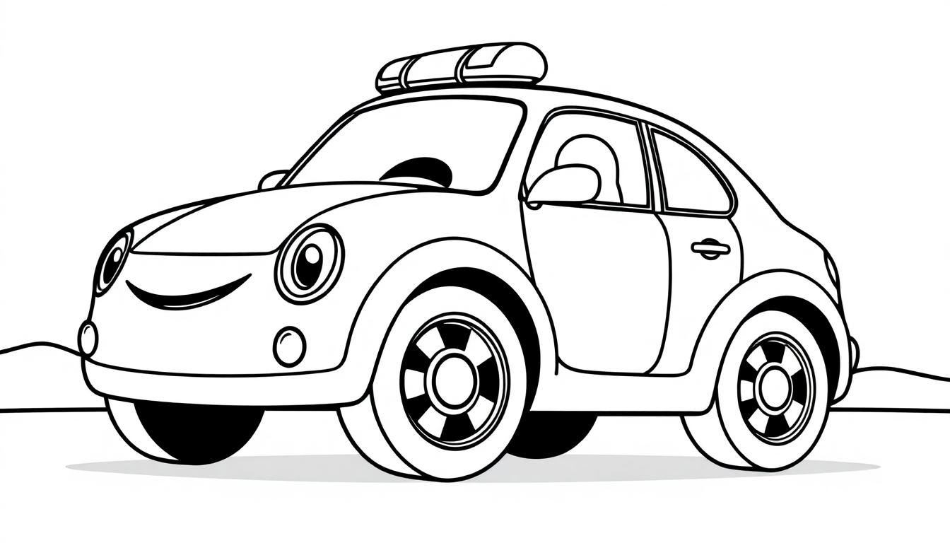 Eine Schwarz-Weiß-Farbtafel eines freundlichen Cartoon-Polizeiautos mit großer Lichtleiste und großen Rädern.