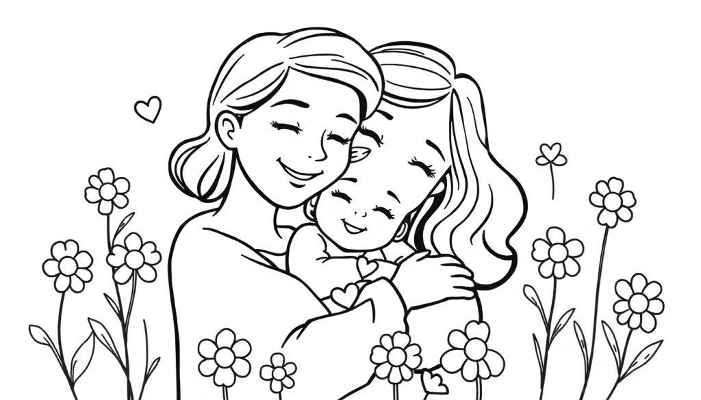 Schwarz-weiße Farbtafel: Mutter umarmt ihr Kind inmitten von Blumen mit einem kleinen Herz.