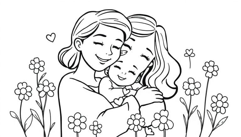 Schwarz-weiße Farbtafel: Mutter umarmt ihr Kind inmitten von Blumen mit einem kleinen Herz.