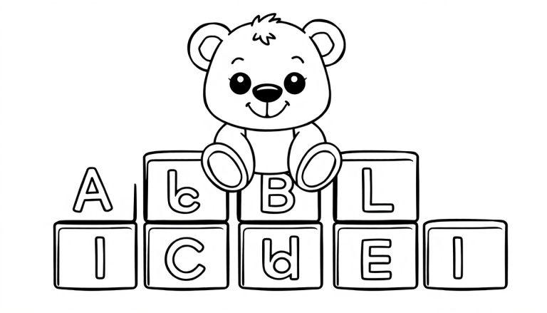 Ein süßer Teddybär sitzt auf bunten Bausteinen mit Buchstaben, zum Ausmalen – eine Farbtafel.
