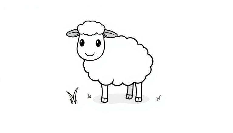 Eine Cartoon-Farbtafel eines niedlichen Schafs mit flauschiger Wolle, großen Augen und einem Lächeln, das auf einer grünen Wiese mit Grashalmen steht.