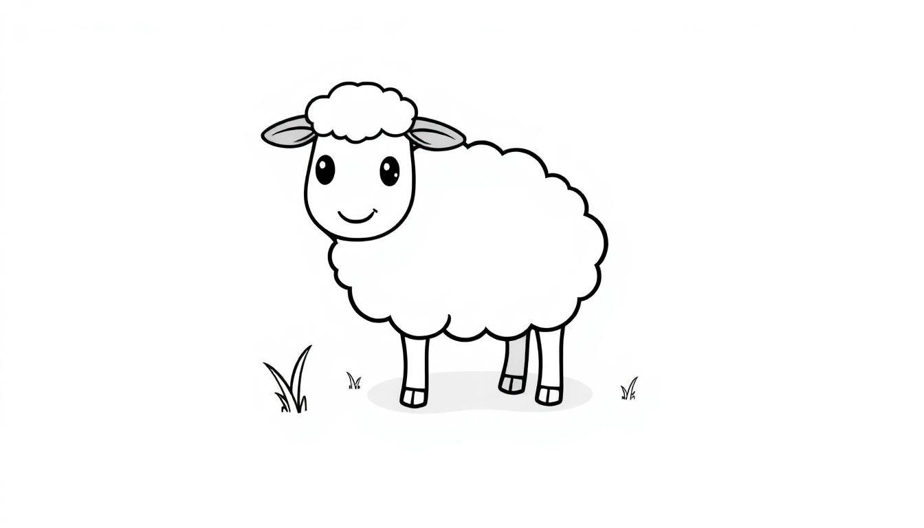 Eine Cartoon-Farbtafel eines niedlichen Schafs mit flauschiger Wolle, großen Augen und einem Lächeln, das auf einer grünen Wiese mit Grashalmen steht.