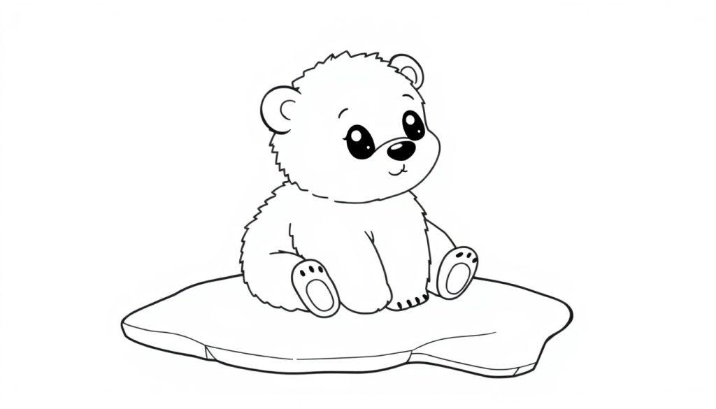 Schwarz-weiße Farbtafel eines niedlichen Cartoon-Eisbären, der auf einem Eisbrocken sitzt.