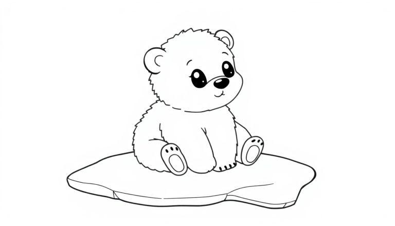 Schwarz-weiße Farbtafel eines niedlichen Cartoon-Eisbären, der auf einem Eisbrocken sitzt.
