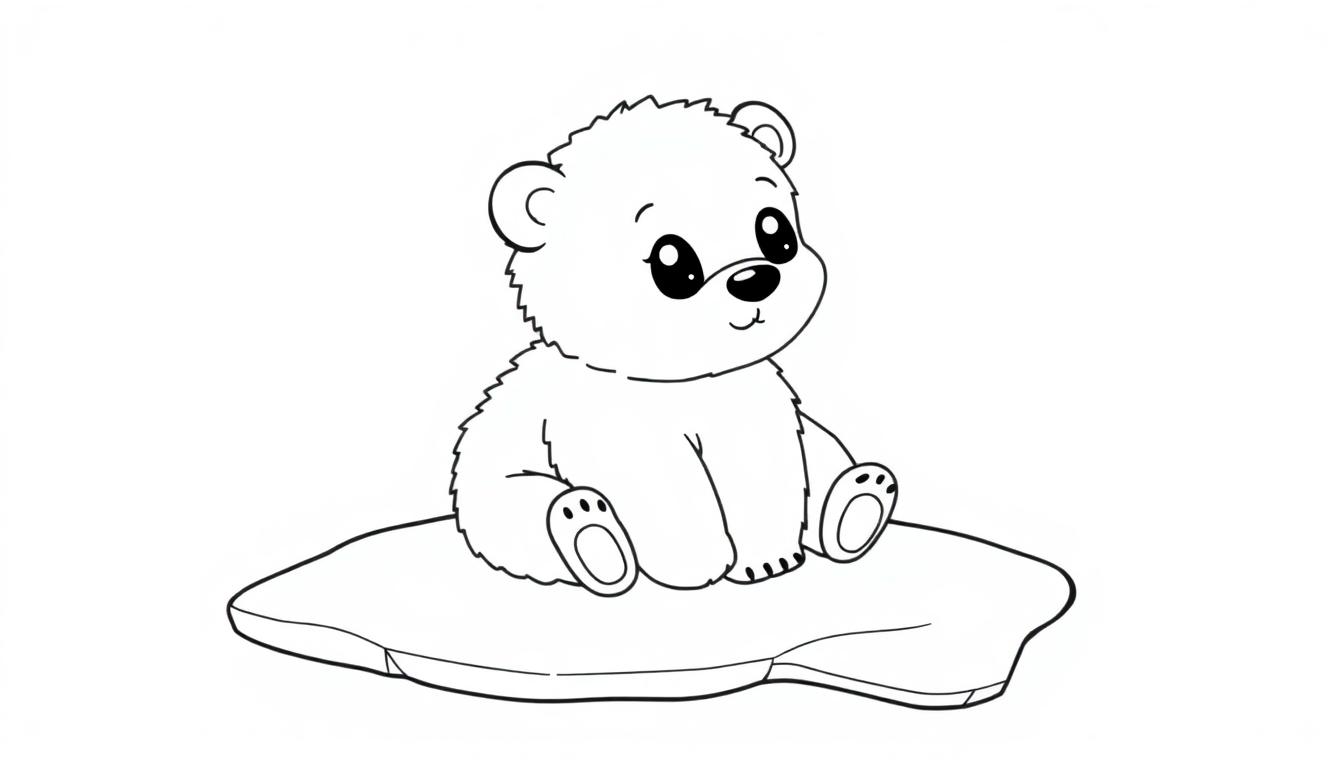 Schwarz-weiße Farbtafel eines niedlichen Cartoon-Eisbären, der auf einem Eisbrocken sitzt.