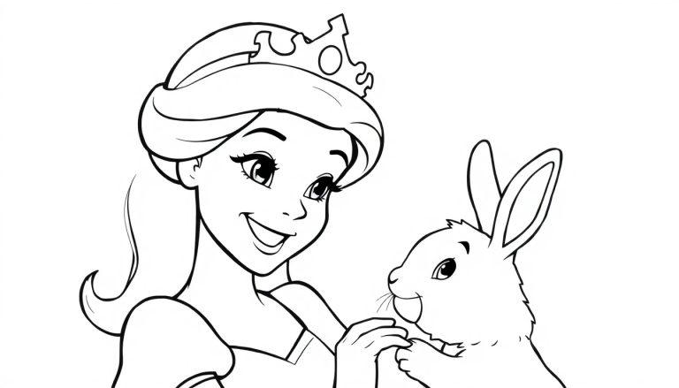 Schwarz-Weiß-Farbtafel einer Prinzessin mit Krone und einem Kaninchen.