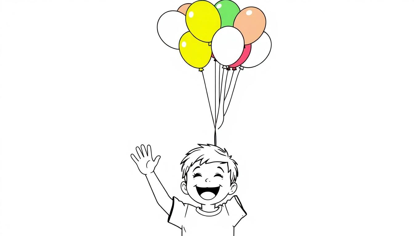 Ein schwarz-weißer Cartoon von einem Kind, das mit einem breiten Lächeln an bunten Luftballons hängt und winkt.