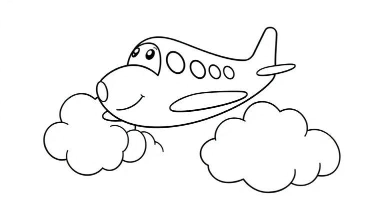 Schwarz-weiße Farbtafel eines freundlichen Flugzeugs mit lächelndem Gesicht, das zwischen Wolken fliegt.