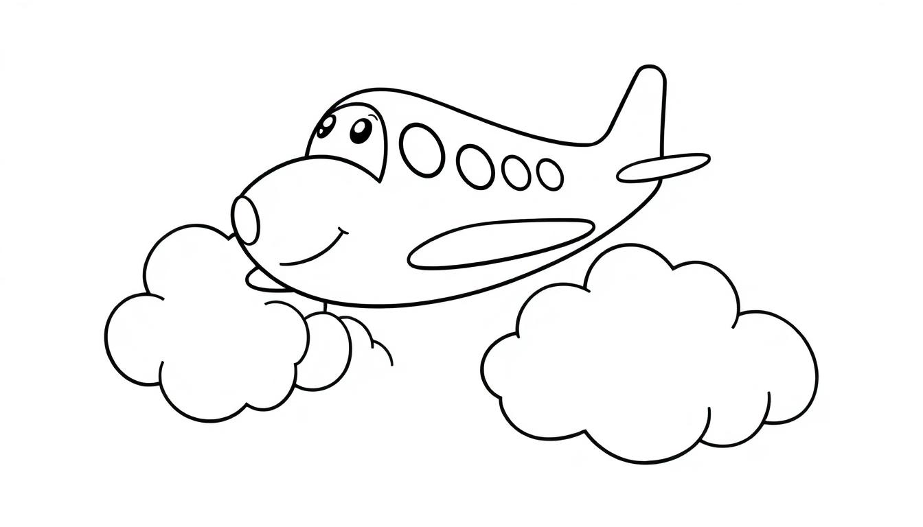 Schwarz-weiße Farbtafel eines freundlichen Flugzeugs mit lächelndem Gesicht, das zwischen Wolken fliegt.