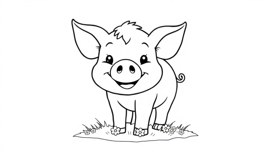 Eine niedliche, cartoonartige Farbtafel eines Schweins mit großen Ohren und einem Lächeln.