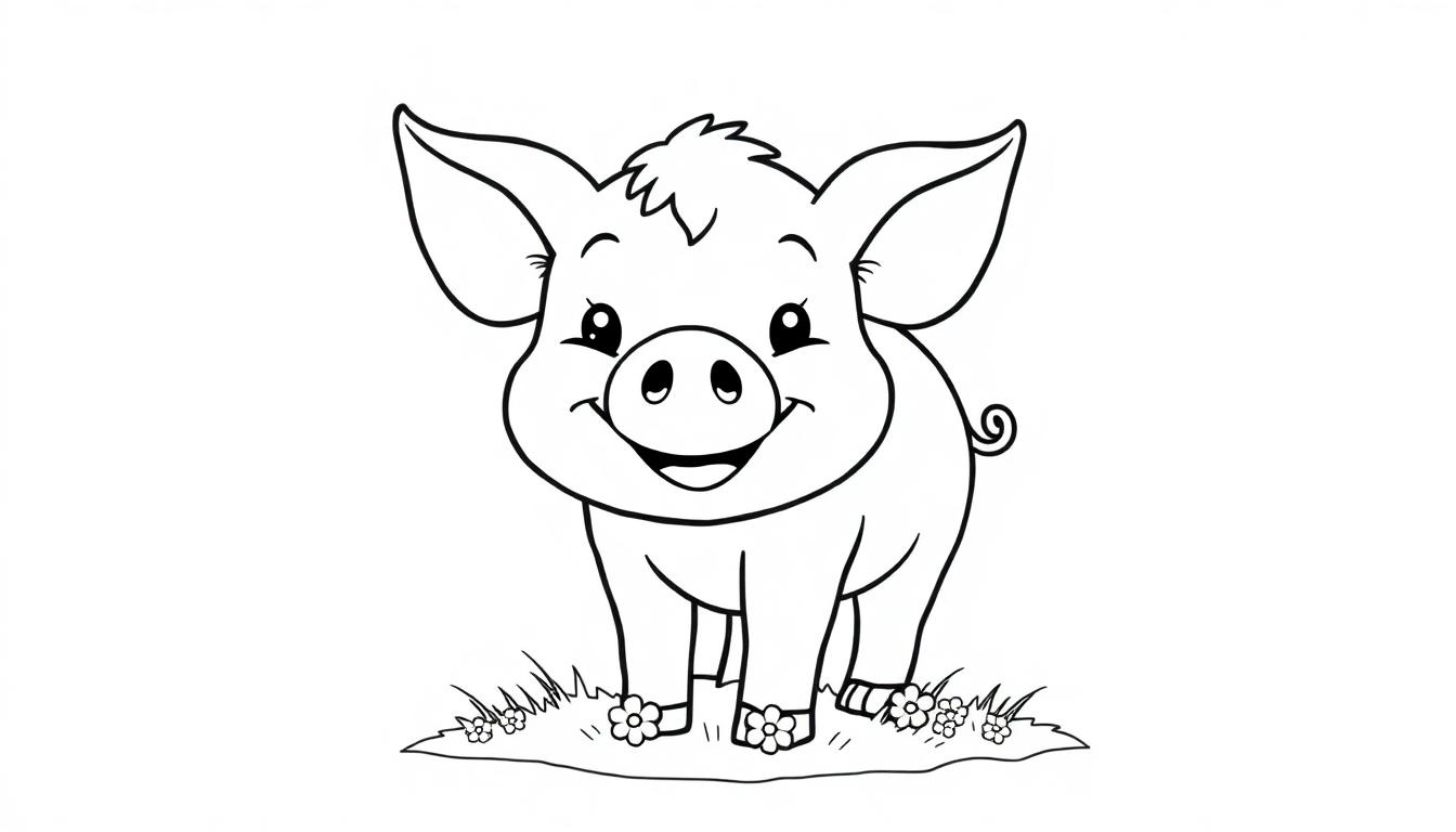 Eine niedliche, cartoonartige Farbtafel eines Schweins mit großen Ohren und einem Lächeln.