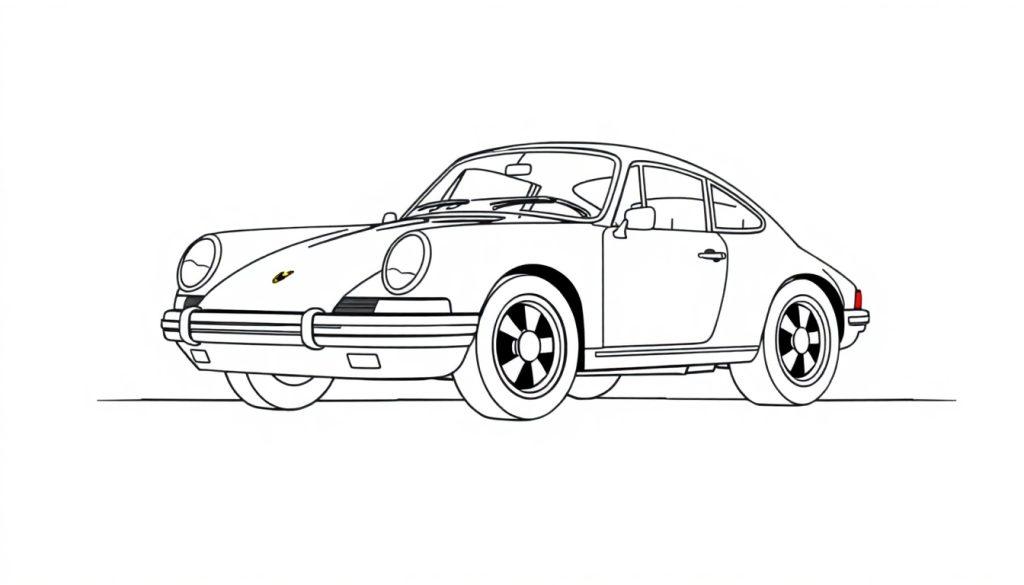 Schwarz-weiße Farbtafel eines Porsche 911 mit abfallender Dachlinie und runden Scheinwerfern.