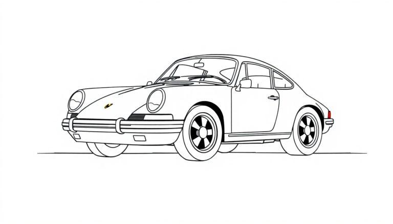 Schwarz-weiße Farbtafel eines Porsche 911 mit abfallender Dachlinie und runden Scheinwerfern.