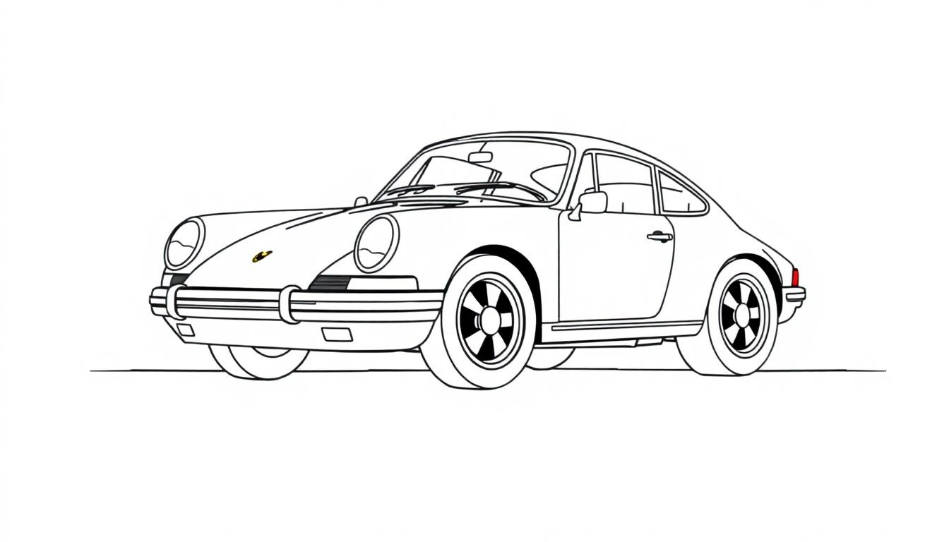 Schwarz-weiße Farbtafel eines Porsche 911 mit abfallender Dachlinie und runden Scheinwerfern.