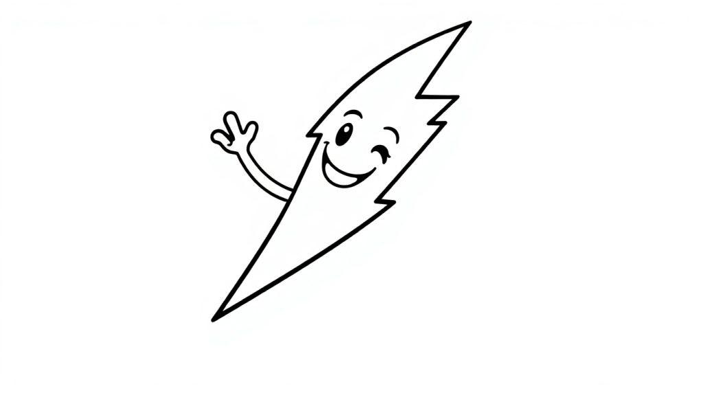 Ein fröhlicher Schwarz-Weiß-Cartoon-Blitz, der winkt, als Farbtafel.