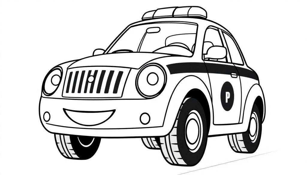Eine Farbtafel eines lächelnden Cartoon-Polizeiautos mit einem 'P'-Symbol auf der Tür.