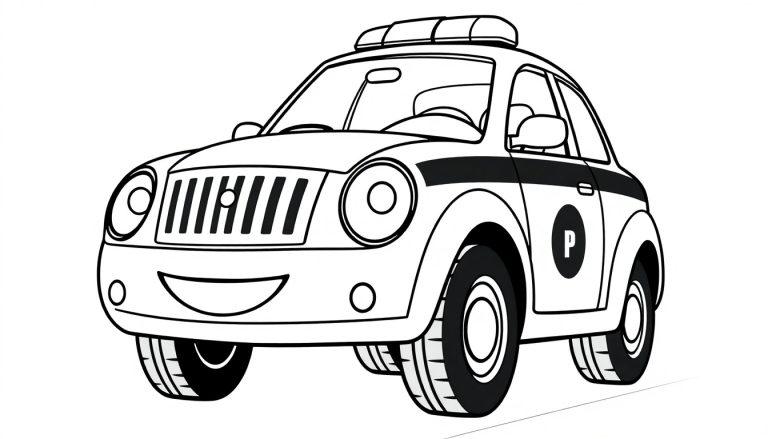 Eine Farbtafel eines lächelnden Cartoon-Polizeiautos mit einem 'P'-Symbol auf der Tür.