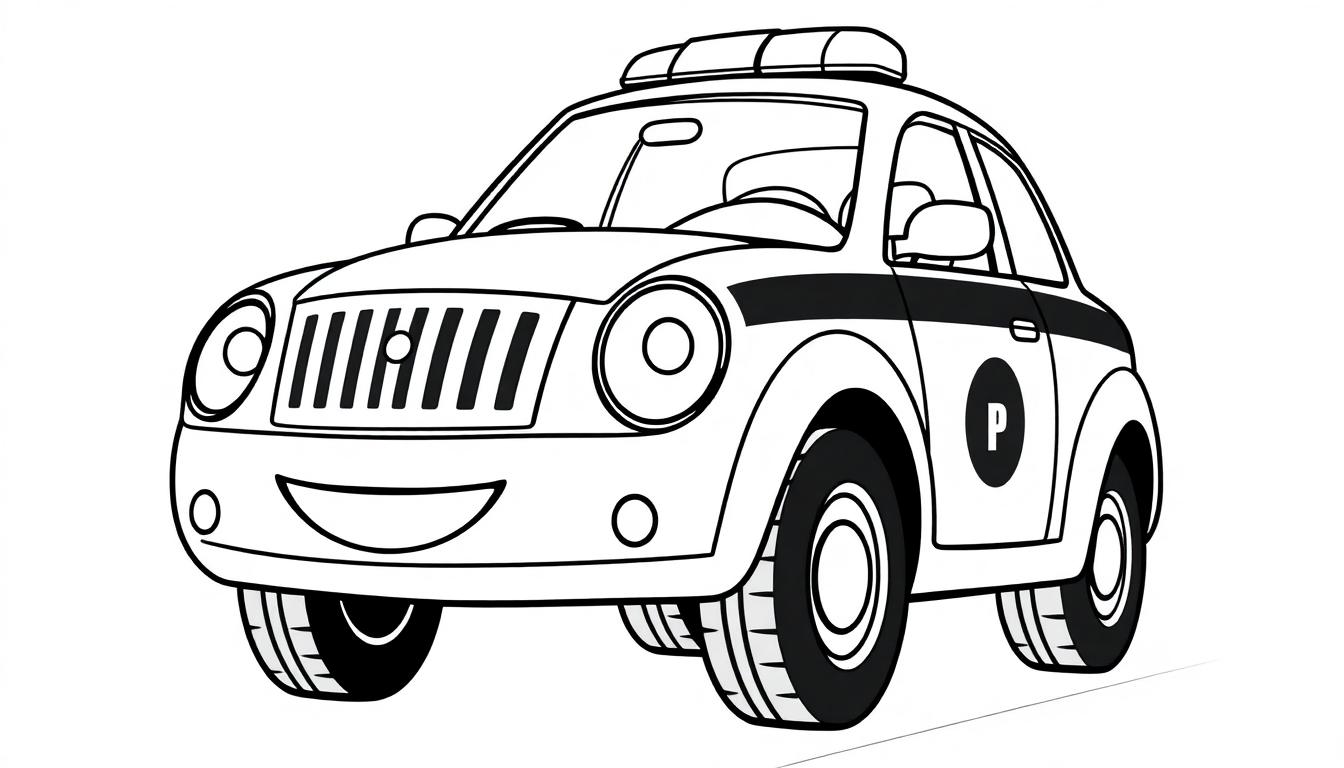 Eine Farbtafel eines lächelnden Cartoon-Polizeiautos mit einem 'P'-Symbol auf der Tür.