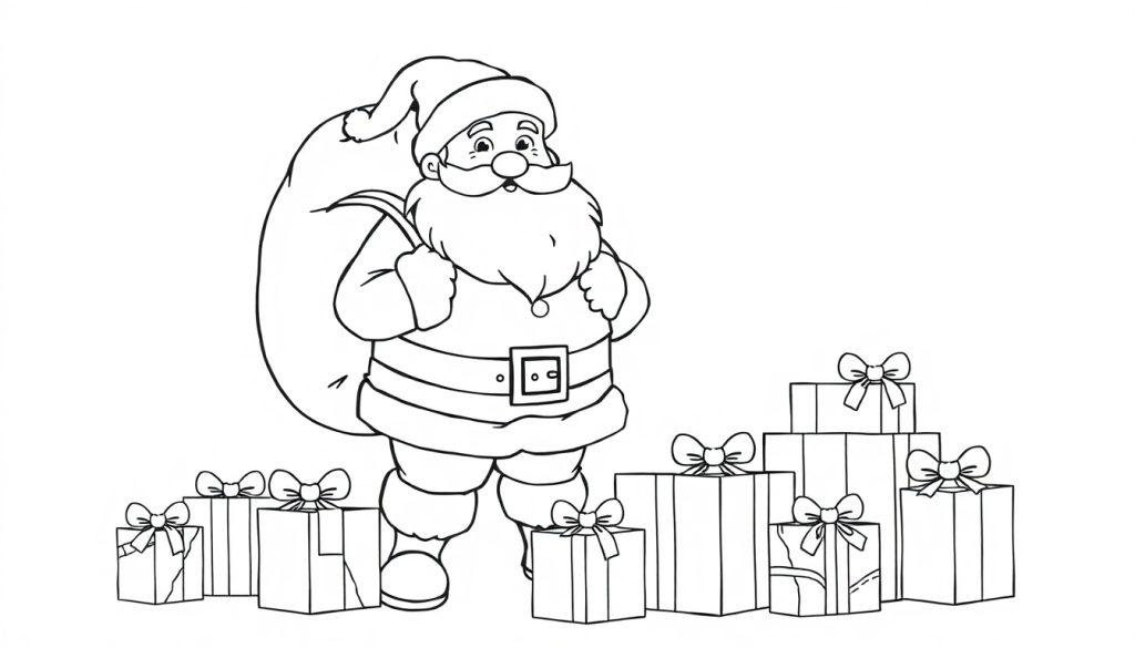 Farbtafel-Zeichnung des Weihnachtsmanns mit Geschenken.