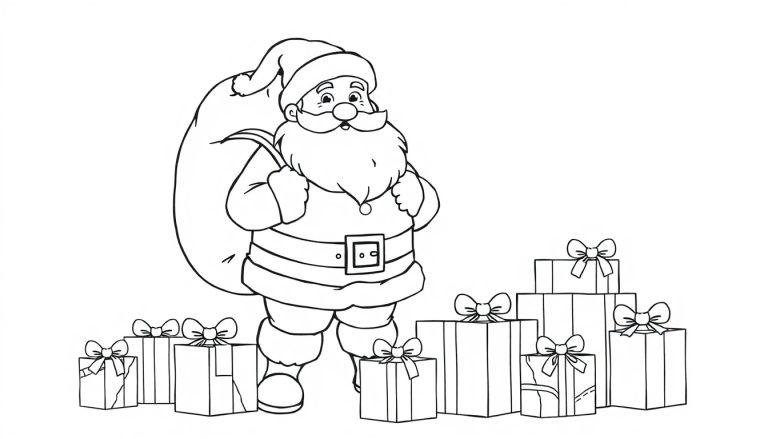 Farbtafel-Zeichnung des Weihnachtsmanns mit Geschenken.