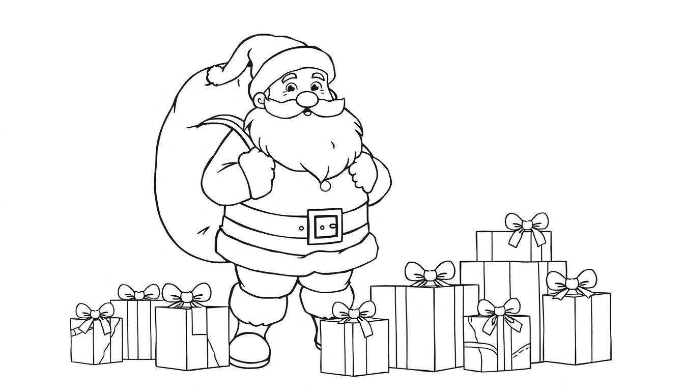 Farbtafel-Zeichnung des Weihnachtsmanns mit Geschenken.