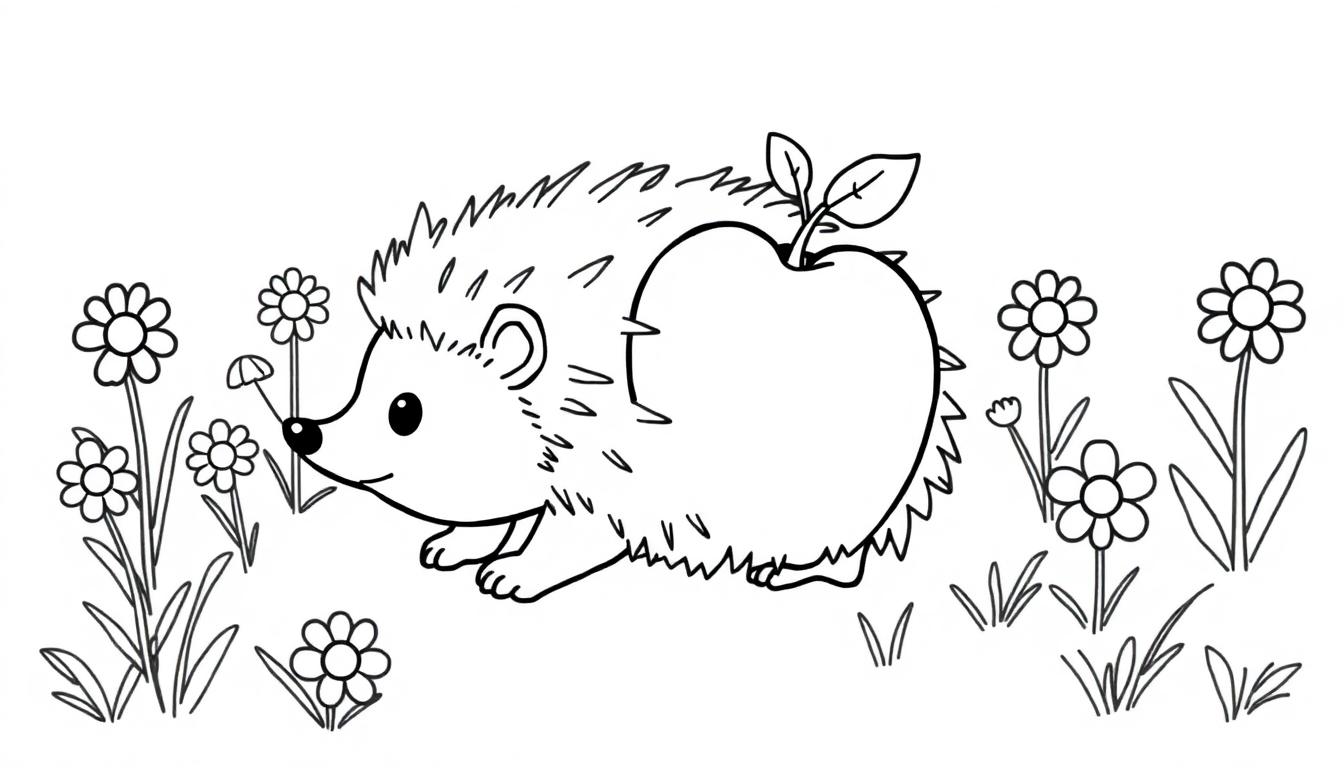 Ein schwarz-weißer Igel mit einem Apfel auf dem Rücken in einem Feld voller Gänseblümchen und einem kleinen Pilz.