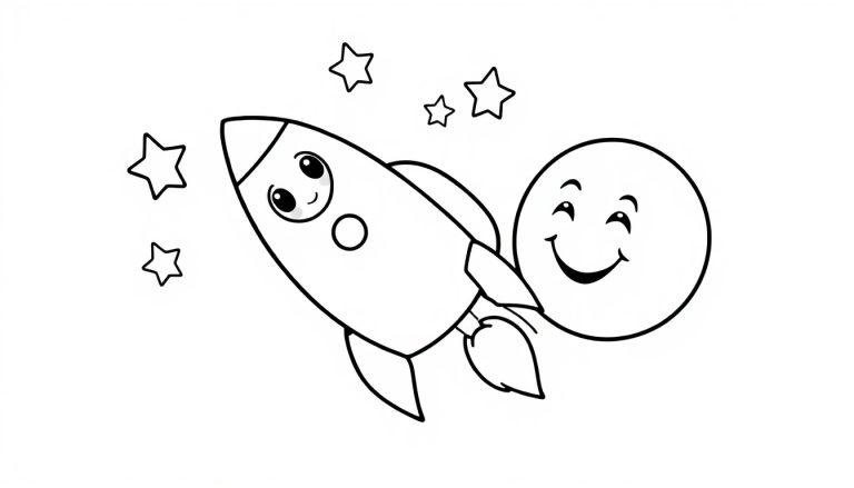 Eine lächelnde Schwarz-Weiß-Farbtafel-Rakete fliegt durch den Weltraum mit Sternen und einem Mond.