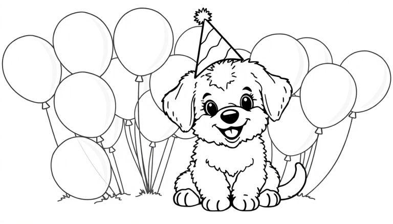 Niedlicher Hund mit Partyhut und Ballons, Schwarz-Weiß-Farbtafel.