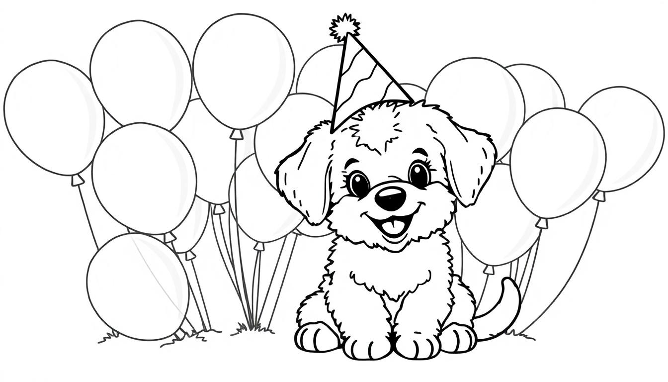 Niedlicher Hund mit Partyhut und Ballons, Schwarz-Weiß-Farbtafel.