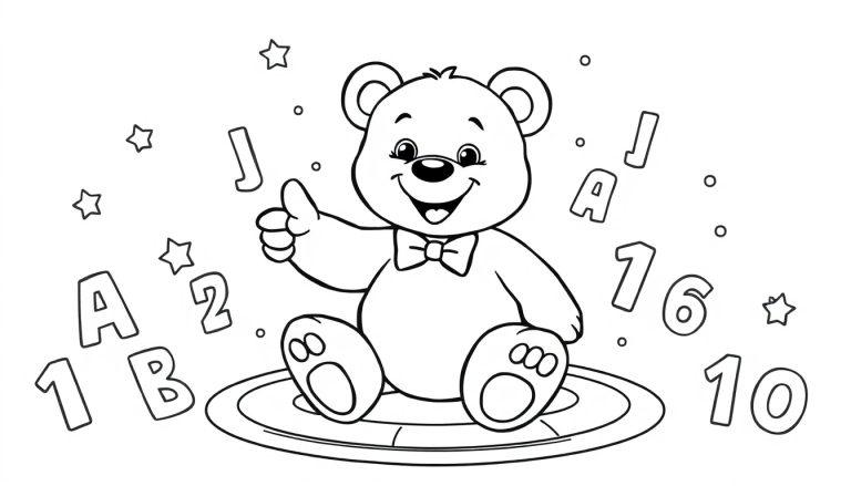Schwarz-Weiß-Farbtafel eines Cartoon-Teddybären, der auf einer Scheibe sitzt und einen Daumen hoch zeigt, umgeben von ABC und 123.