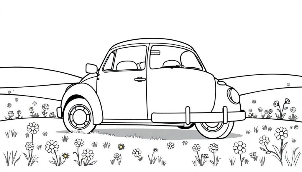 Eine Schwarzweißzeichnung eines niedlichen VW Käfers auf einer Blumenwiese, bereit zum Ausmalen, wie eine Farbtafel.