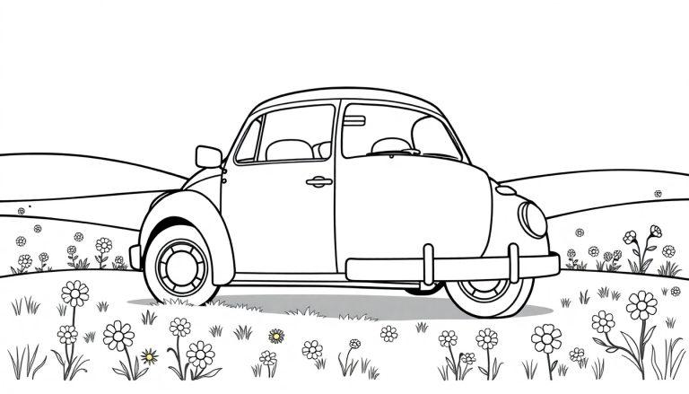 Eine Schwarzweißzeichnung eines niedlichen VW Käfers auf einer Blumenwiese, bereit zum Ausmalen, wie eine Farbtafel.