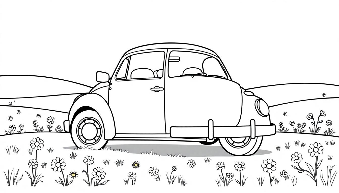 Eine Schwarzweißzeichnung eines niedlichen VW Käfers auf einer Blumenwiese, bereit zum Ausmalen, wie eine Farbtafel.