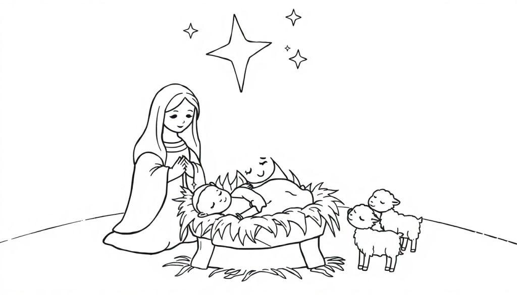Eine Farbtafel-Umrisszeichnung der Weihnachtsgeschichte mit Maria, der Krippe, zwei schlafenden Babys und vier Sternen.
