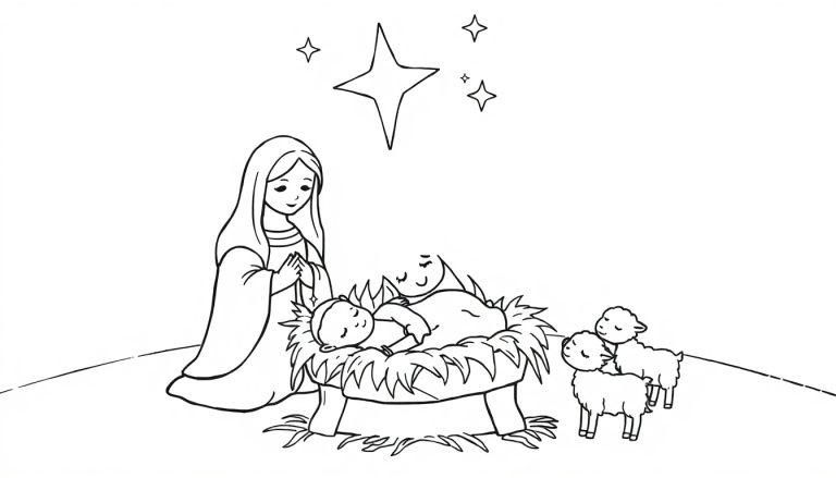 Eine Farbtafel-Umrisszeichnung der Weihnachtsgeschichte mit Maria, der Krippe, zwei schlafenden Babys und vier Sternen.