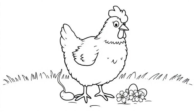 Schwarz-weiße Farbtafel: Ein überraschtes Cartoon-Huhn steht auf einer grünen Wiese mit einem Samen und zwei Eiern.