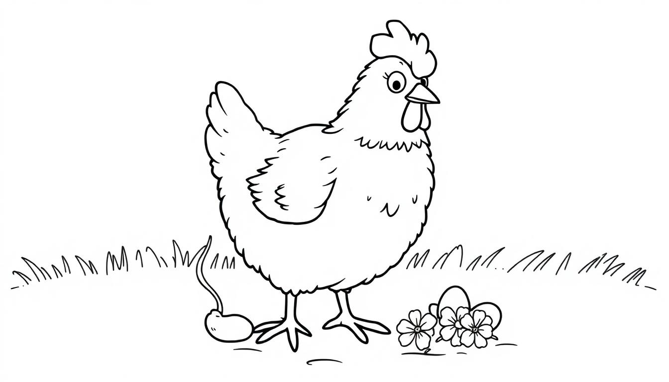 Schwarz-weiße Farbtafel: Ein überraschtes Cartoon-Huhn steht auf einer grünen Wiese mit einem Samen und zwei Eiern.